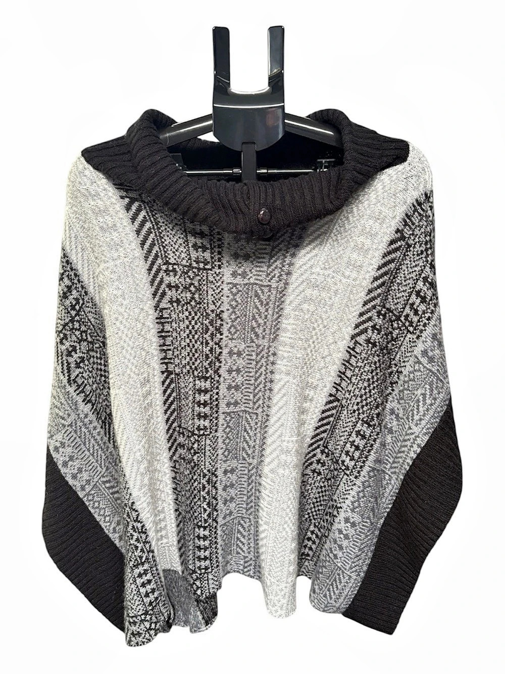 Guilty Knitwear Style 9236 Geometric Knit Poncho with Batwing Arm in Black & Gra